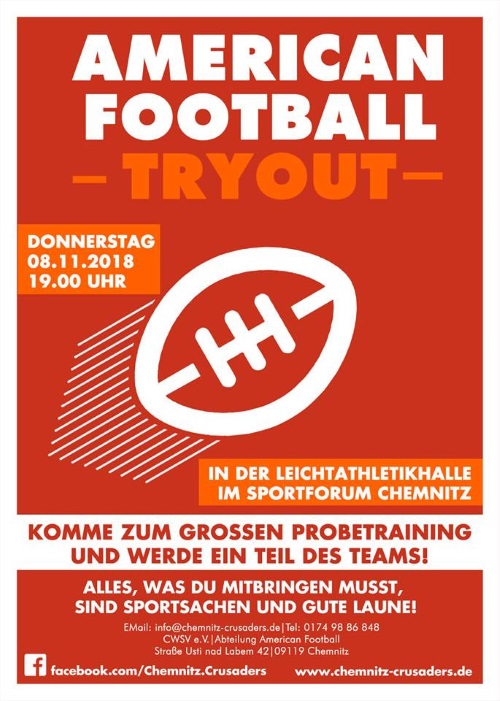 Offenes Tryout für alle Altersklassen bei den Chemnitz Crusaders