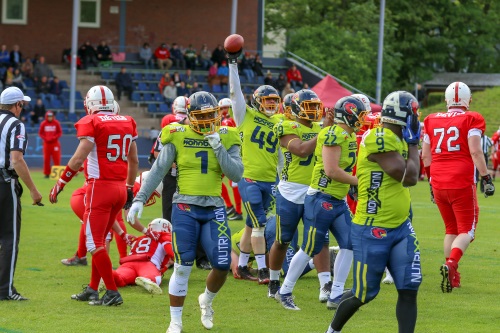 Die Defense der Assindia Cardinals erobert im Hinspiel gegen die Gelsenkirchen Devils einen Ball - hier DL Maximilian Purcel # 49