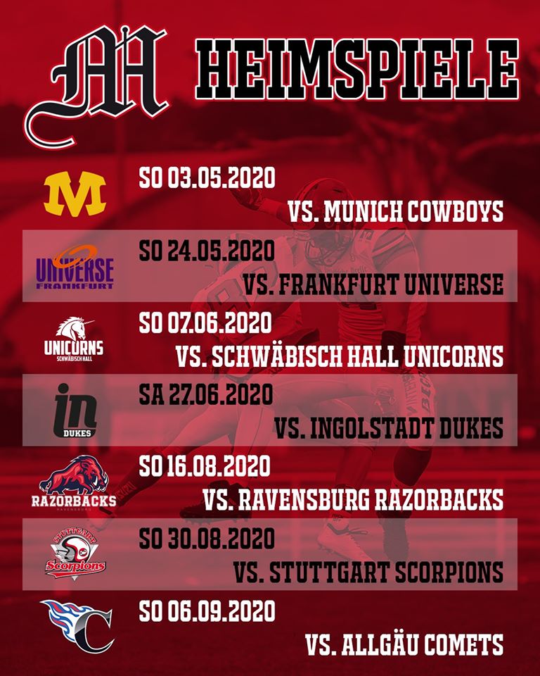 Die Heimspieltermine für die Saison 2020 der Marburg Mercenaries