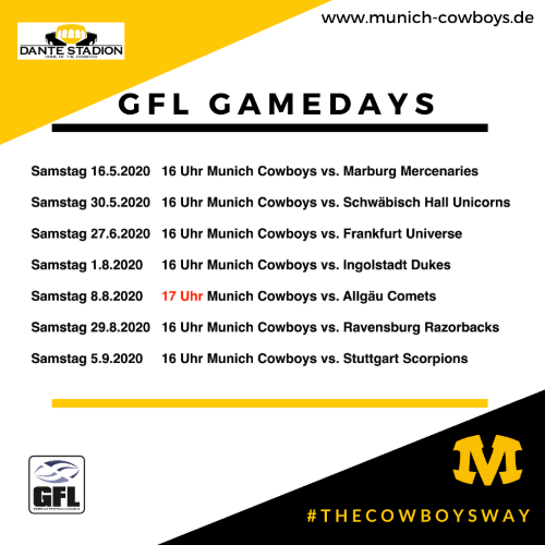 Die Heimspieltermine der Munich Cowboys für die Saison 2020