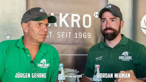 Präsident Jürgen Gehrke und Headcoach Jordan Neuman von den Schwäbisch Hall Unicorns, Archivfoto 2019