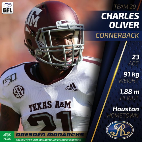Defense Back Charles Oliver geht zu den Dresden Monarchs